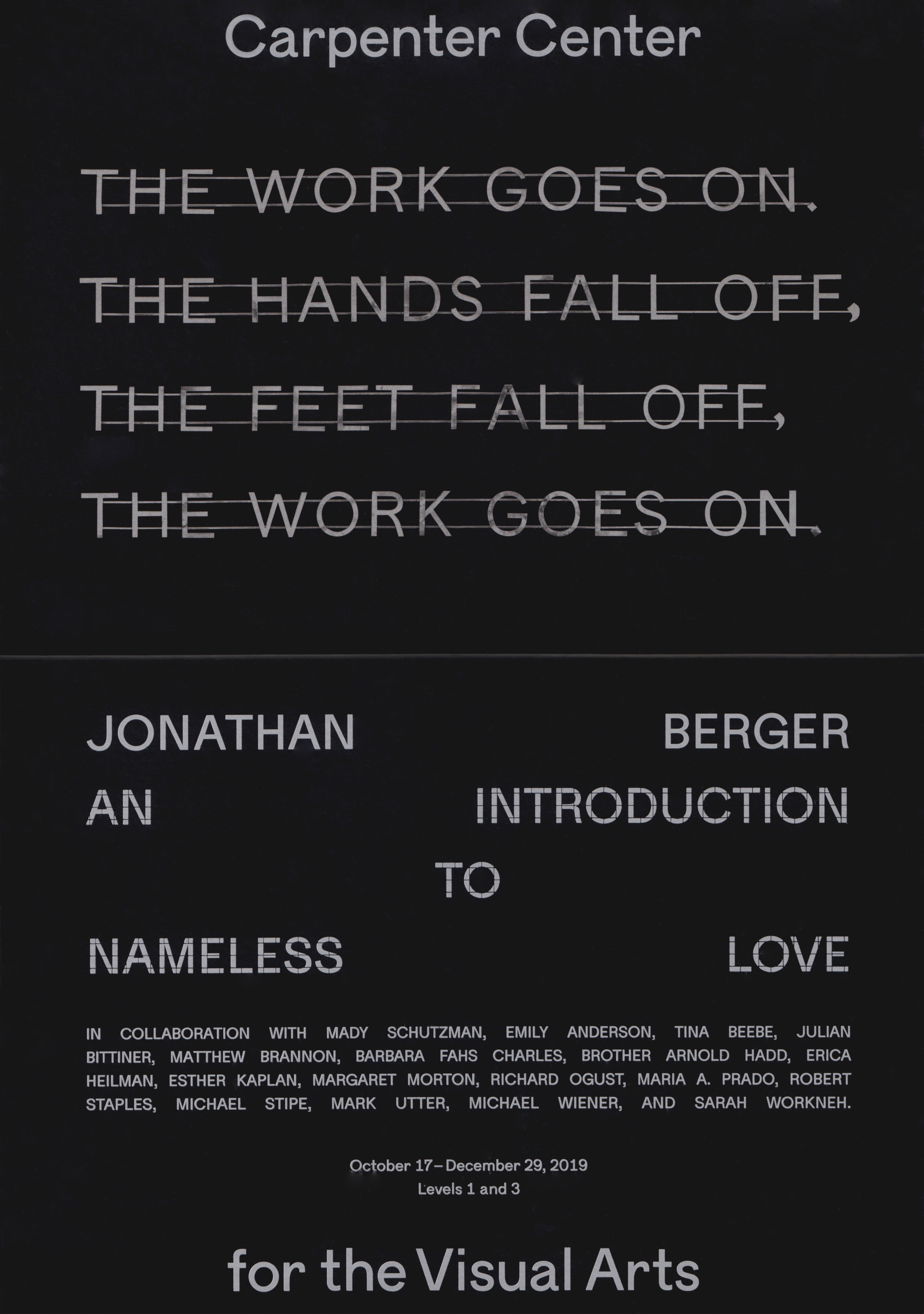 *Jonathan Berger: An Introduction to Nameless Love*, postcard, Carpenter Center for the Visual Arts, Harvard University, 2019