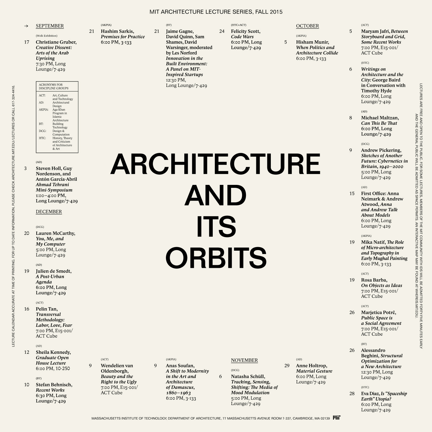*Architecture and Its Orbits*, poster, 20.25 × 20.25 in., MIT Department of Architecture, 2015