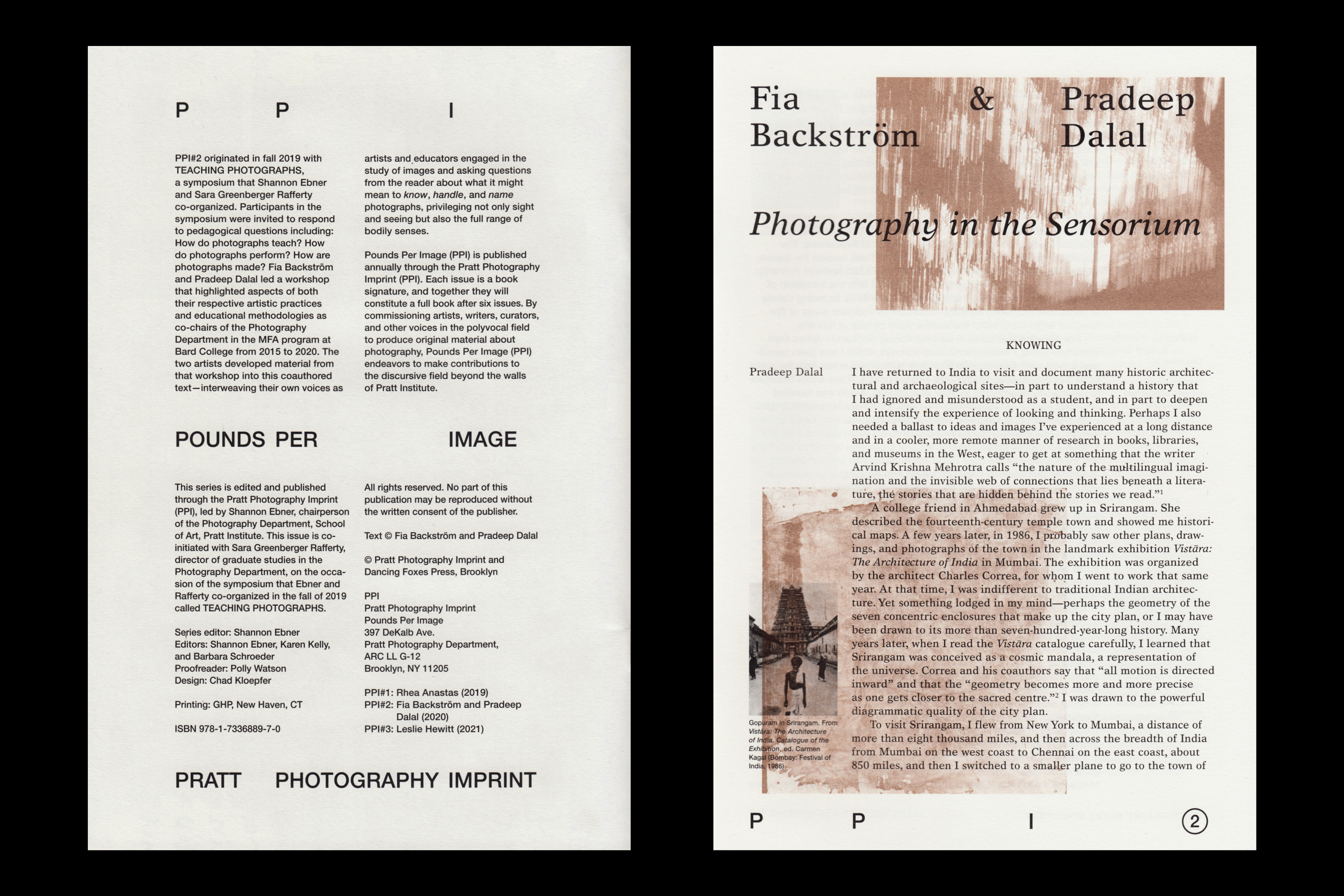 *PPI #2*, softcover with copper metallic ink, 32 pages, 6.75 × 9.75 in., edited by Shannon Ebner, published by Pratt Photography Imprint and Dancing Foxes, 2020